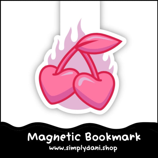 Magnetic bookmark with pink cherries design on a white background